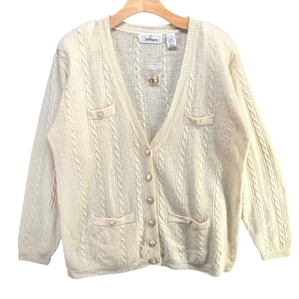 Vtg Worthington Lambswool Cable Knit Cardigan Womens L Ivory Faux Pearl Coquette